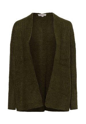 Open-front cardigan in donkergroen olijf, gemaakt van een textuurgebreide stof. Heeft lange mouwen en een relaxte pasvorm zonder sluitingen.