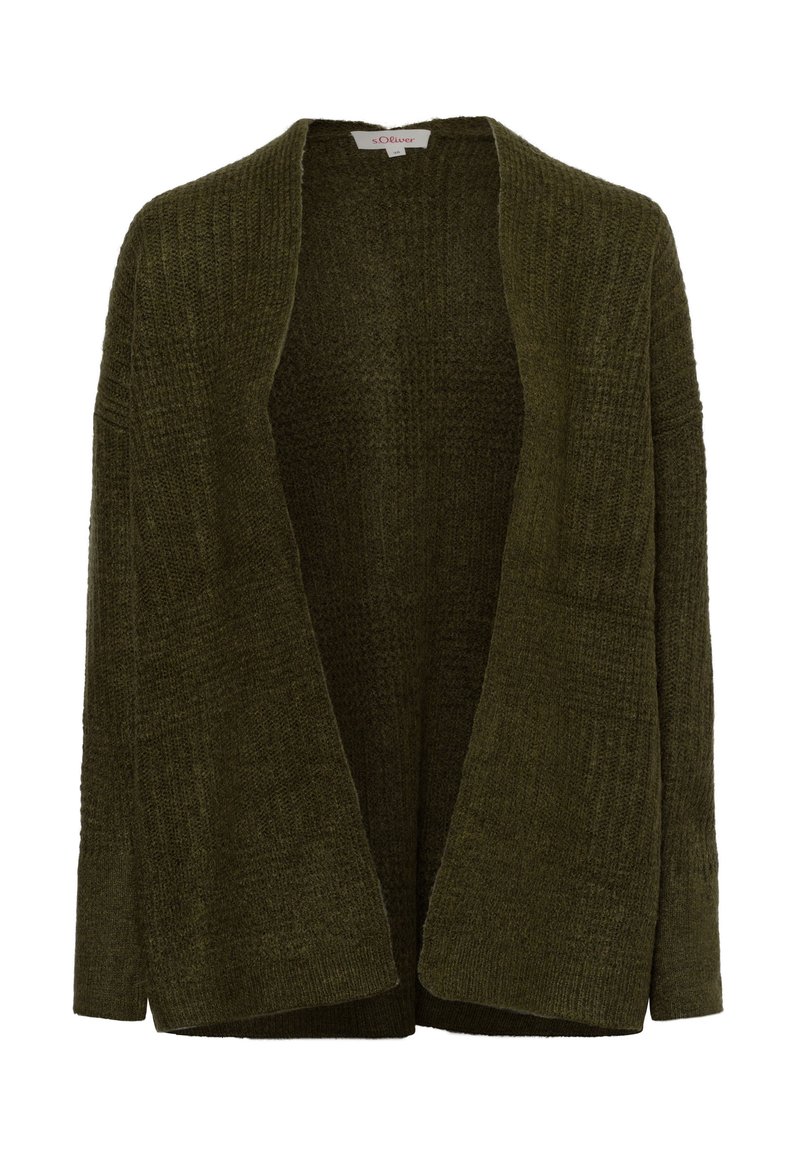 Offene Strickjacke in dunkelolivgrün, gefertigt aus strukturiertem Strickmaterial. Sie hat lange Ärmel und eine lässige Passform ohne Verschlüsse.