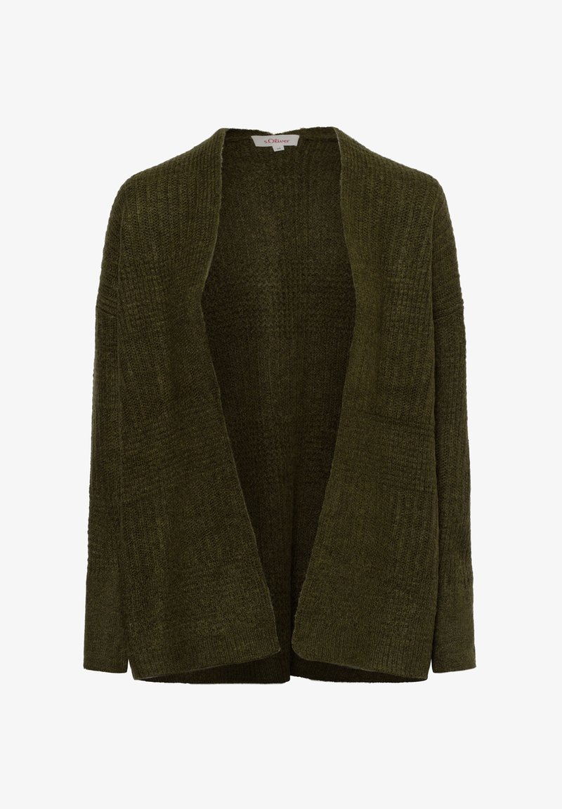 Offene Strickjacke in dunkelolivgrün, gefertigt aus strukturiertem Strickmaterial. Sie hat lange Ärmel und eine lässige Passform ohne Verschlüsse.