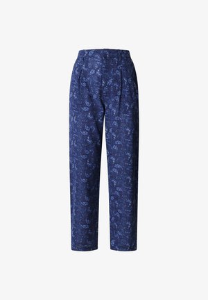 Blauwe broek met patroon, voorzien van een geplooide voorkant, een hoge taille en een rechte pijp. De stof heeft een subtiele bloemenprint.