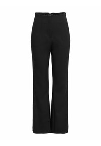 Pantalon noir à jambes larges avec une taille haute, doté de plis et d'une fermeture éclair à l'arrière. Texture de tissu lisse, sans motifs apparents.
