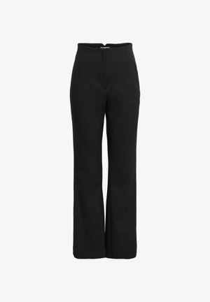Svarte vidbukse med høy midje, med plisseringer og glidelås på baksiden. Glatt stofftekstur uten synlige mønstre.