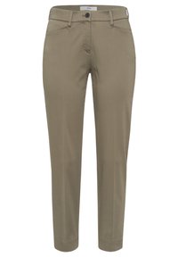 Oliwkowe spodnie o gładkim wykończeniu, z zapięciem na guzik, z paskami na pasek i zwężającymi się nogawkami. Klasyczny fason z pięcioma kieszeniami.