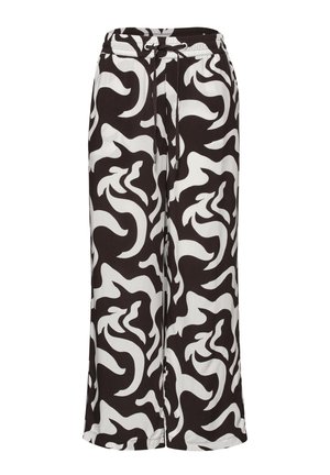 Pantalon large noir et blanc avec un motif abstrait tourbillonnant et une taille élastique avec cordon de serrage.