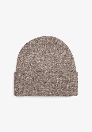 Brown knitted beanie with a smooth texture and a folded cuff. Rounded top and a subtle flecked pattern throughout the fabric.