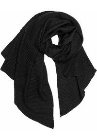 Black knitted scarf with a textured ribbed pattern, large size, and soft fabric. It is arranged in a circular shape.