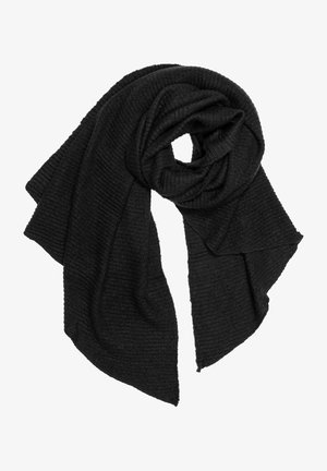 Black knitted scarf with a textured ribbed pattern, large size, and soft fabric. It is arranged in a circular shape.