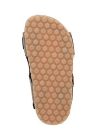 Brun sandal sål med et struktureret honningkage mønster, der har et fleksibelt gummimateriale og en buet profil for komfort.