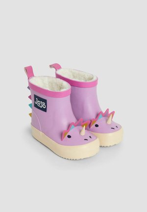 Lila Gummistiefel mit pinken Akzenten und einem Einhorn-Design. Sie verfügen über ein weiches, flauschiges Futter, Stacheldetails und eine feste beige Sohle.