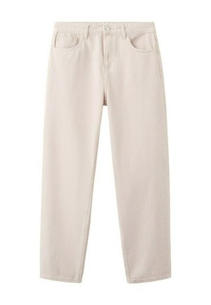 Jeans beige a gamba dritta a vita alta con bottone frontale, cerniera, passanti per cintura e cinque tasche su sfondo bianco.