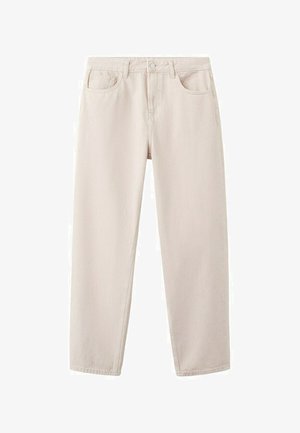 Beżowe jeansy z wysokim stanem i prostymi nogawkami, z przodu zapinane na guzik i zamek błyskawiczny, z szlufkami na pasek oraz stylem z pięcioma kieszeniami na białym tle.