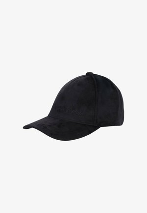 Cappellino da baseball in suede nero con visiera curva e logo "Giorgio Armani" in rilievo sul pannello frontale.