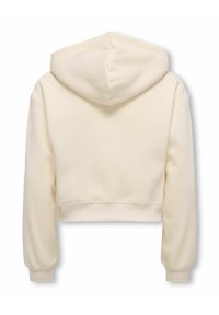 Sudadera corta en tejido crema con una textura suave, que cuenta con capucha y puños acanalados, sin logotipos ni patrones visibles.