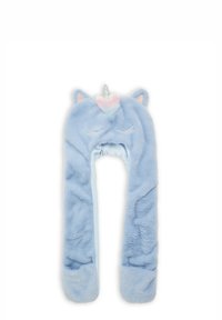 Niebieski pluszowy szalik z wzorem jednorożca, z miękką teksturą, wyszywanymi detalami twarzy i błyszczącym rogiem na środku.