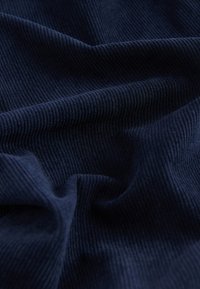 Tissu en velours côtelé bleu marine foncé avec de fines rainures verticales, présentant une texture douce et un tombé fluide. Convient pour les vêtements et la tapisserie.