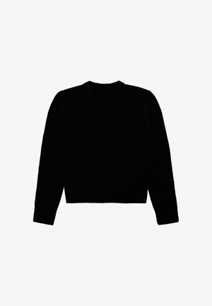 Czarny sweter z dzianiny z długimi rękawami i okrągłym dekoltem. Charakteryzuje się miękką teksturą i skróconą sylwetką.