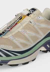 Μπεζ και λευκό παπούτσι Salomon για trail running με σύστημα γρήγορου δέσιμου κορδονιών, ετικέτα "LAB," και πράσινη και μαύρη σόλα.