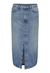 Denim krilo v svetlem pranju, do kolen, s sprednjim razporkom, pet žepnim dizajnom, zapiranjem na gumb in zadrgo ter zankami za pas.