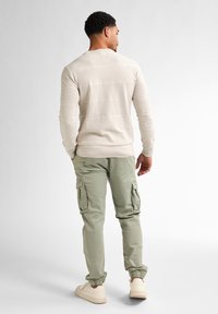 Beige textured knitted long-sleeve shirt paired with light green cargo pants featuring side pockets and elastic cuffs, complemented by light sneakers.