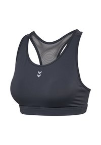 Zwartgrijze sportbeha van gladde stof, met een netten achterkant, racerback ontwerp en een klein logo in het midden vooraan.