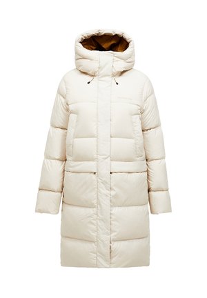 Cappotto lungo imbottito in beige chiaro, con cappuccio, zip frontale, due grandi tasche e motivi a quadrati cuciti per un'isolamento efficace.