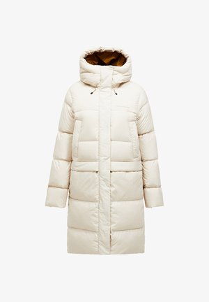Manteau long rembourré en beige clair, doté d'une capuche, d'une fermeture éclair sur le devant, de deux grandes poches et de motifs carrés cousus pour l'isolation.