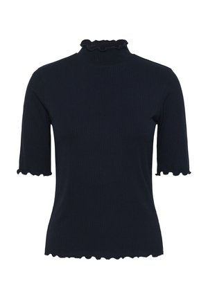 Crni rebrasti top kratkih rukava s naboranim ovratnikom i naboranim rubovima na rukavima i donjem rubu.