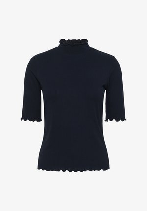 Crni rebrasti top kratkih rukava s naboranim ovratnikom i naboranim rubovima na rukavima i donjem rubu.