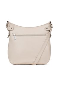 Borsa a tracolla in pelle beige con parte superiore curva, cintura regolabile e tasca con zip sul retro. Finitura testurizzata con cuciture sottili.