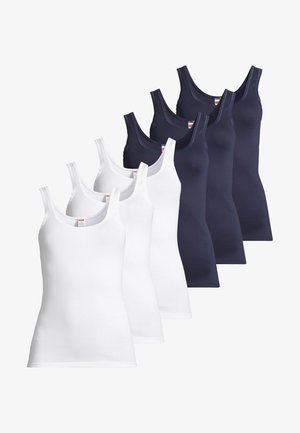Zestaw sześciu topów na ramiączkach w kolorach białym i granatowym. Wykonane z lekkiej mieszanki bawełny o gładkiej fakturze. Charakteryzują się szerokimi ramiączkami i dopasowanym krojem.