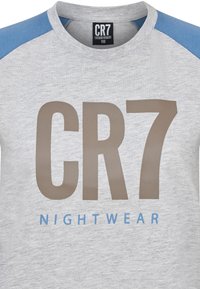 Gray cotton T-shirt with light blue shoulder accents. Features large "CR7" logo in brown and "NIGHTWEAR" in light blue below the logo.