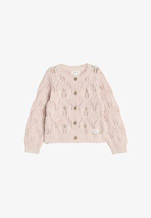 Lyserød strikket cardigan med kabelstrikmønster, rund halsudskæring og træknapper. Ribstrikkede manchetter og kant. Lille mærkebrik.