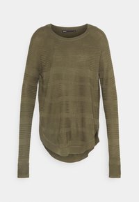 Olivgrüner, langärmliger, leichter Pullover mit dezenten horizontalen Texturstreifen und abgerundetem Saum.