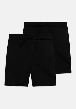 Two pairs of plain black elastic waist shorts with drawstrings, layered against a light background.
