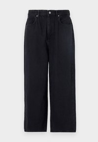 Black denim pants with a straight leg design, featuring five pockets, a button closure, and a clean finish. Durable fabric with a matte texture.