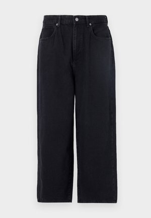 Schwarze Denim-Hosen mit geradem Bein, ausgestattet mit fünf Taschen, einem Knopfverschluss und einem schlichten Finish. Strapazierfähiger Stoff mit matter Textur.