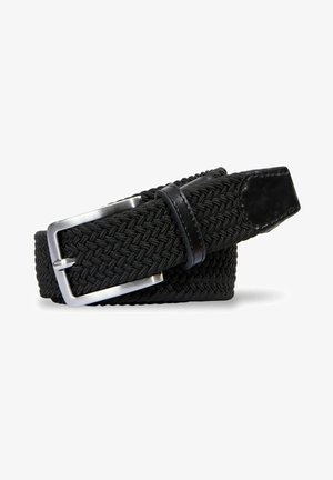 Ceinture tissée noire avec une boucle en métal argenté, accents en cuir et une texture lisse, présentant un motif tressé à travers le tissu.