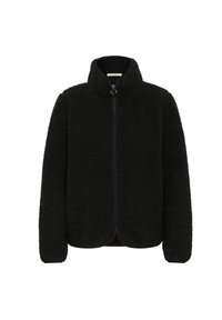 Svart fleecejacka med hög krage, full dragkedja framtill och mjukt, texturerat tyg. Har en minimalistisk design utan synlig hårdvara.