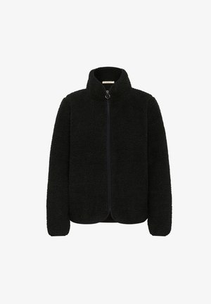 Black fleece jacket with a high collar, full front zip, and soft, textured fabric. Features a minimal design and no visible hardware.