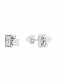 Orecchini a perno in tono argento con cristallo trasparente rettangolare e grande perla bianca, dal design minimalista e dalla finitura elegante.