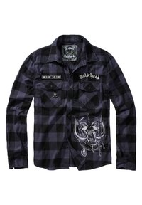 Camicia in flanella a scacchi neri e viola con maniche lunghe, caratterizzata da toppe ricamate e una grafica di un teschio con corna sulla parte anteriore.