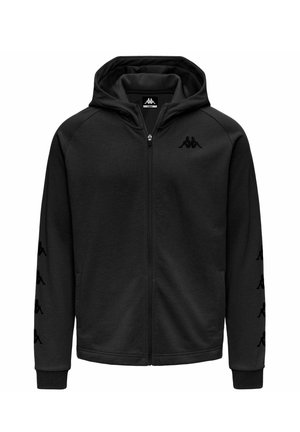 Sweat à capuche noir zippé avec poches avant, capuche et motifs répétitifs du logo noir le long des manches et sur le côté gauche de la poitrine.