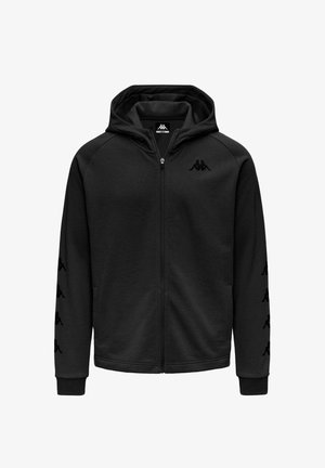Sweat à capuche noir zippé avec poches avant, capuche et motifs répétitifs du logo noir le long des manches et sur le côté gauche de la poitrine.