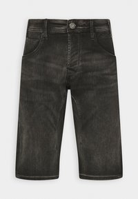 Pantalones cortos de denims gris oscuro con un corte clásico, que cuentan con bolsillos frontales, cierre de botón y una textura suave.