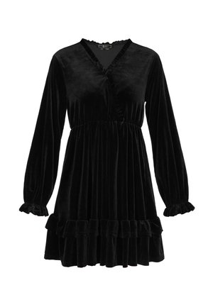 Abito in velluto nero con scollo a V, maniche lunghe, collo e polsini arricciati e gonna svasata con orlo increspato. Tessuto morbido e finitura lucida.