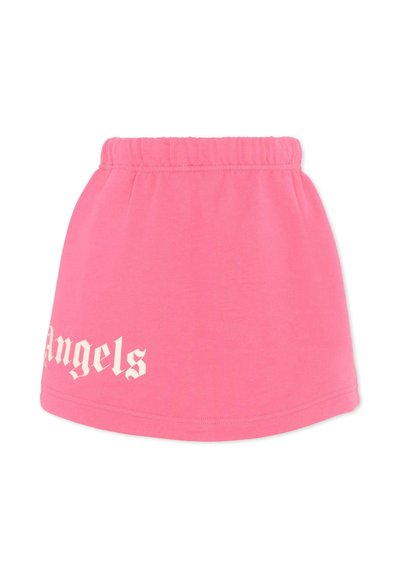 Jupe à taille élastique rose avec texte blanc "Angels" imprimé près de l'ourlet sur le côté gauche, design uni avec détails cousus.