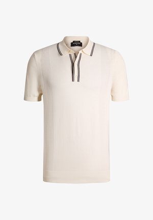 Kremowa koszulka polo z krótkim rękawem, z teksturowanymi pionowymi paskami i czarnym podwójnym paskiem na kołnierzu i plisie.