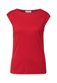 Haut rouge à manches courtes fabriqué en tissu doux. Présente un col rond et une coupe décontractée. Texture lisse sans motifs ni accents.