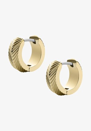 Boucles d'oreilles en or en forme de créole avec une texture à motif de feuille, présentant une forme circulaire épaisse et une quincaillerie en argent pour la fermeture. Fini lisse et poli.