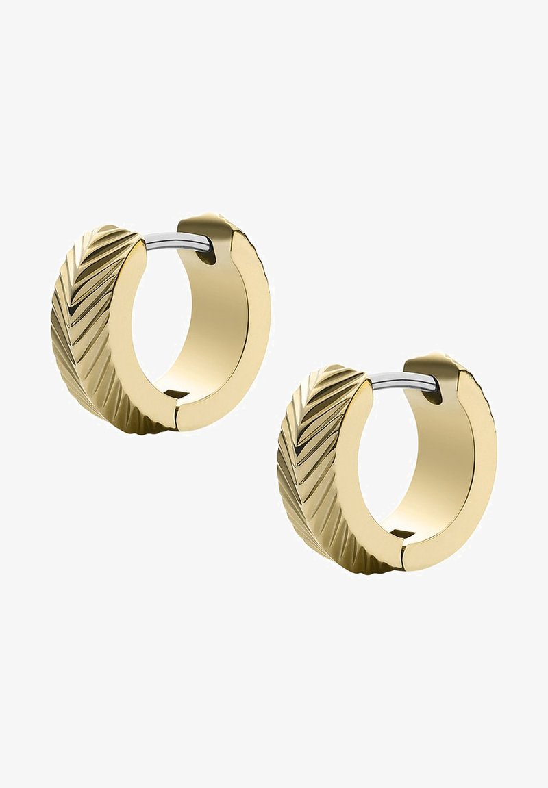 Orecchini a cerchio d'oro con texture a foglia, caratterizzati da una forma circolare spessa e chiusura in hardware argentato. Finitura liscia e lucida.